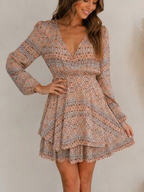 Boho Floral Mini Dress Size L Long Sleeve Beige Rust Japna